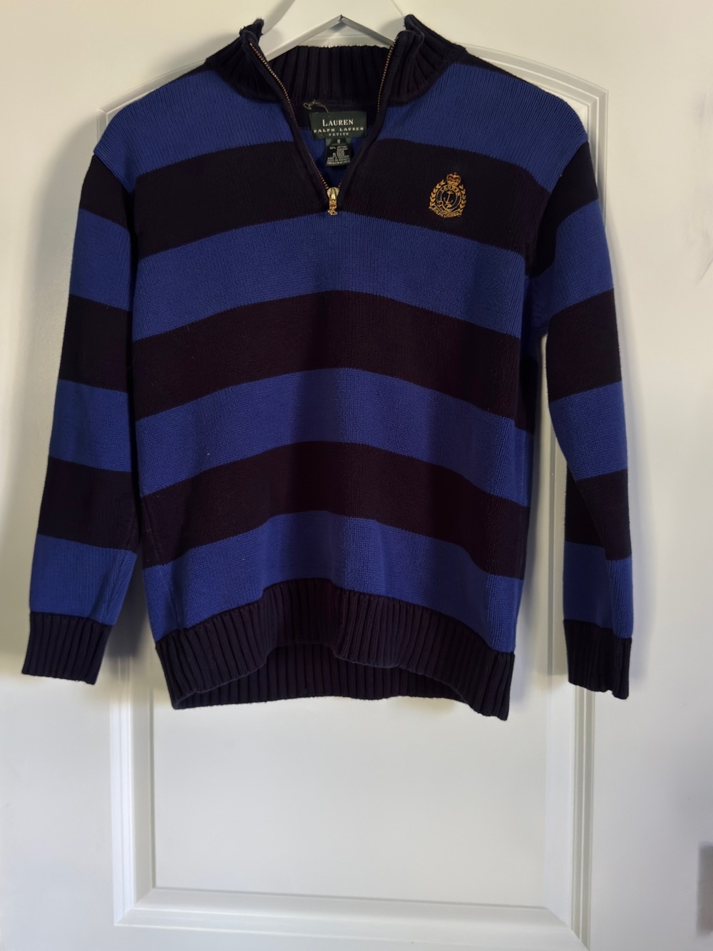 Vintage Y2K Ralph Lauren Striped Quarter-Zip Sweater in Blue and Navy